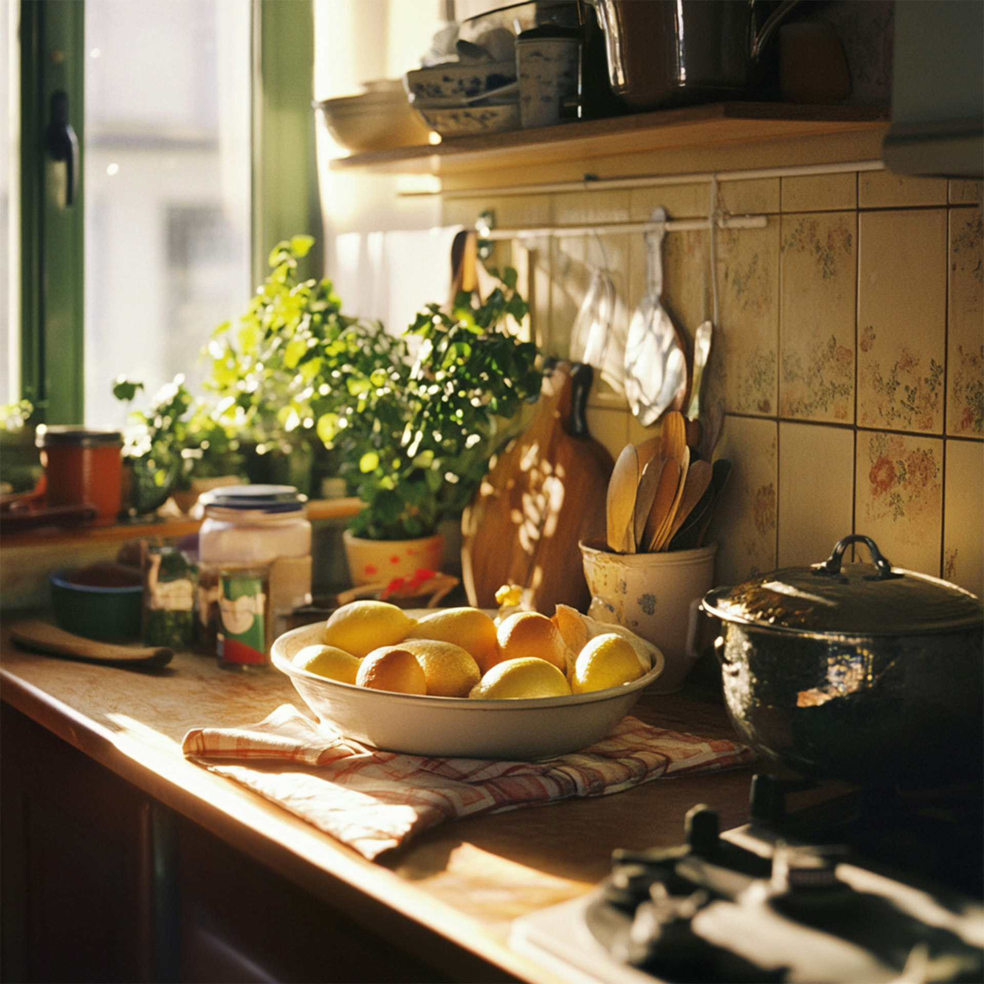 Cocina soleada con hierbas aromáticas, un cuenco de limones y utensilios de madera